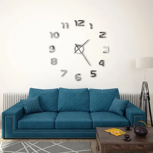 Reloj 3D de Pared Con Diseño Moderno 100 cm XXL Plateado
