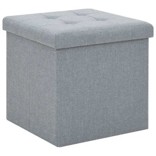 Taburete Plegable Con Almacenaje Lino Sintético Gris Claro