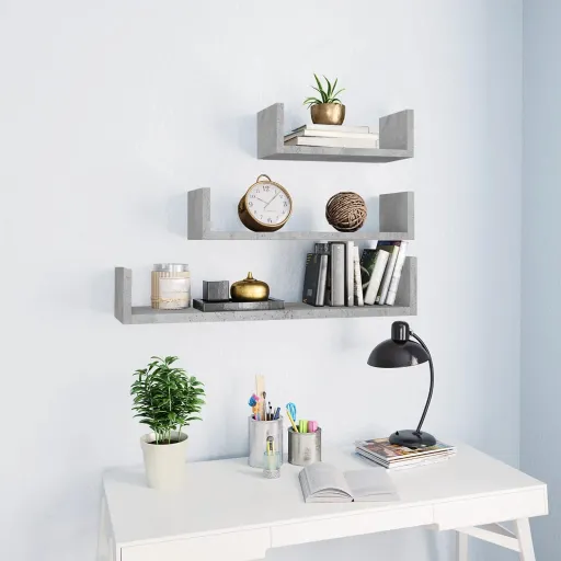Estantes de Pared 3 Piezas Madera Contrachapada Gris Hormigón