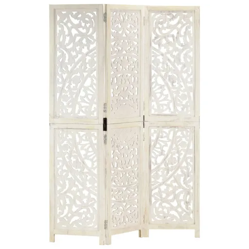 Biombo 3 Paneles Tallado a Mano Madera Mango Blanco 120x165 cm