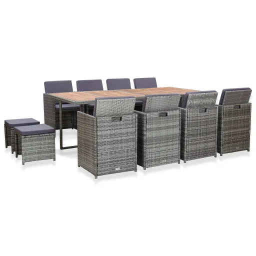 Set Comedor Jardín 13 Pzas Ratán Sintético y Madera Acacia Gris