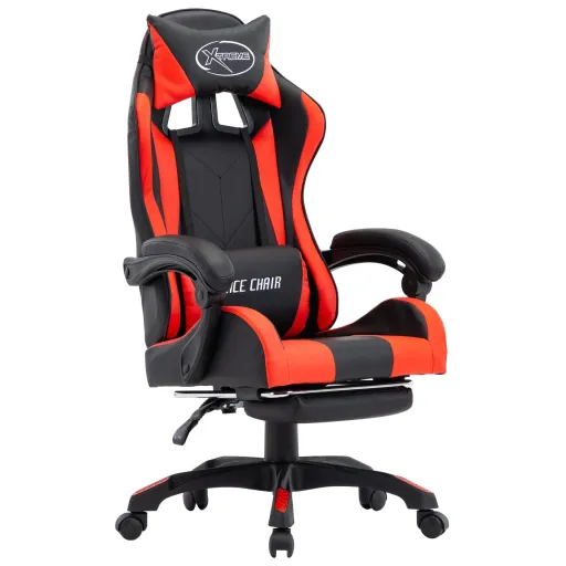 Silla Gaming Con Reposapiés Cuero Sintético Rojo y Negro