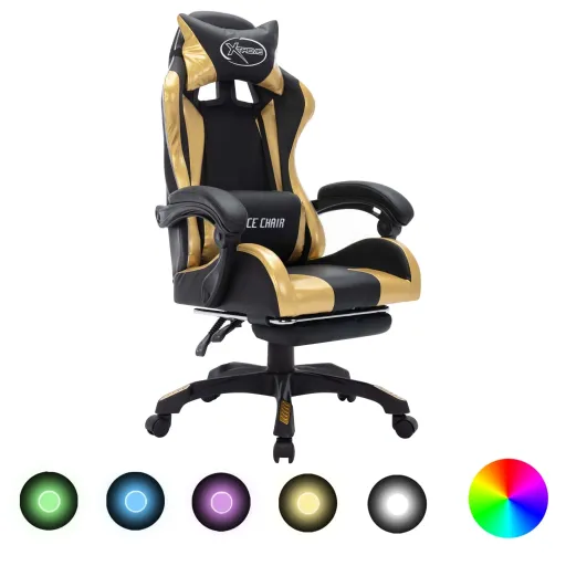 Silla Gaming Con Luces LED RGB Cuero Sintético Dorado y Negro
