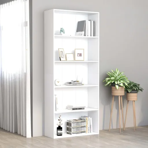 Estantería de 5 Niveles Madera Contrachapada Blanca 80x30x189cm