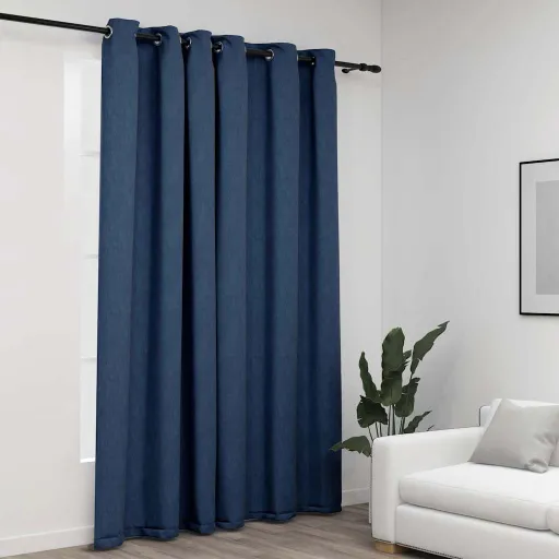 Cortina Opaca Con Ojales Look de Lino Azul 290x245 cm