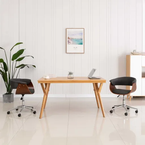 Silla de Oficina Giratoria de Madera Curvada y Tela Gris