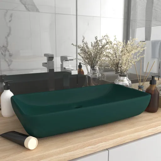 Lavabo Rectangular de Lujo Cerámica Verde Oscuro Mate 71x38cm