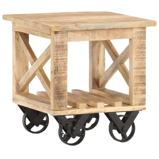 Mesa Auxiliar Con Ruedas Madera de Mango Rugosa 40x40x42 cm
