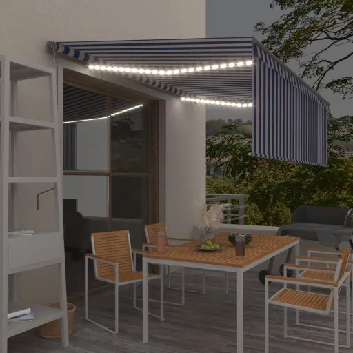 Toldo Automático Persiana LED Sensor Viento Azul Blanco 4,5x3 m