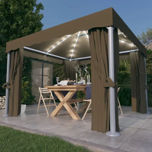 Cenador Con Cortina y Tira de Luz LED Aluminio Taupé 3x3 m