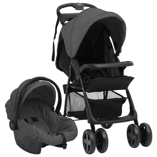 Carrito de Bebés 3 en 1 de Acero Gris Oscuro y Negro
