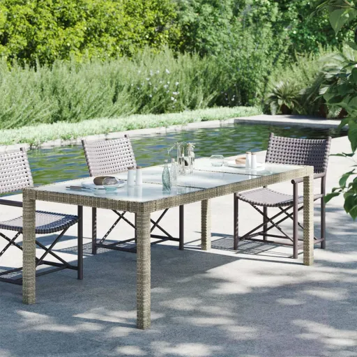 Mesa Jardín Vidrio Templado Ratán Sintético Gris 190x90x75 cm
