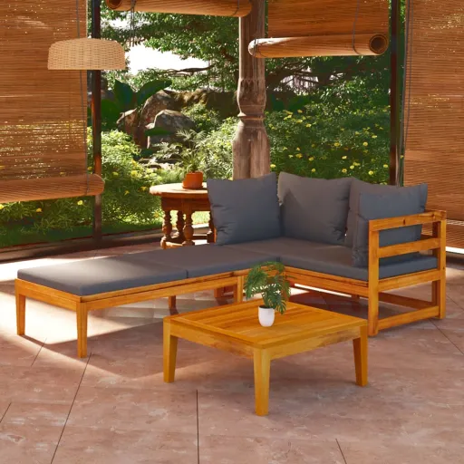 Muebles de Jardín 3 Pzas Cojines Gris Oscuro Madera de Acacia