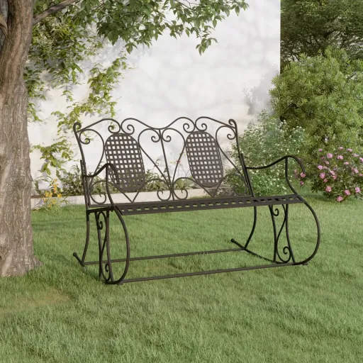 Banco Mecedor de Jardín de Dos Plazas Acero Negro 113 cm