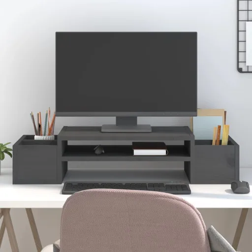 Soporte de Monitor Madera Maciza de Pino Gris 70x27,5x15 cm