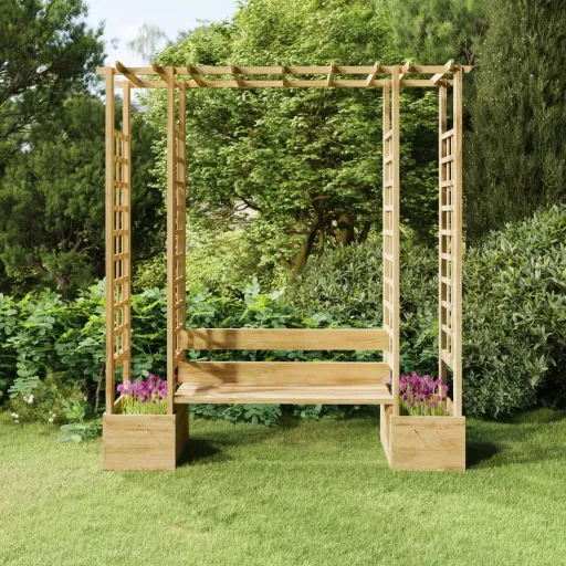 Pérgola de Jardín Con Banco y Jardineras Madera Pino Impregnada