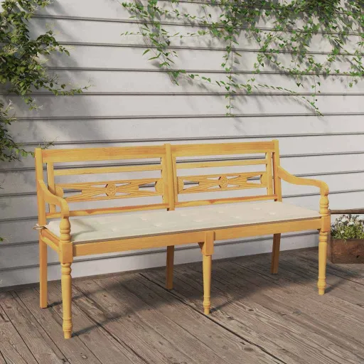 Banco Batavia Cojín Color Crema Madera Maciza de Teca 150 cm