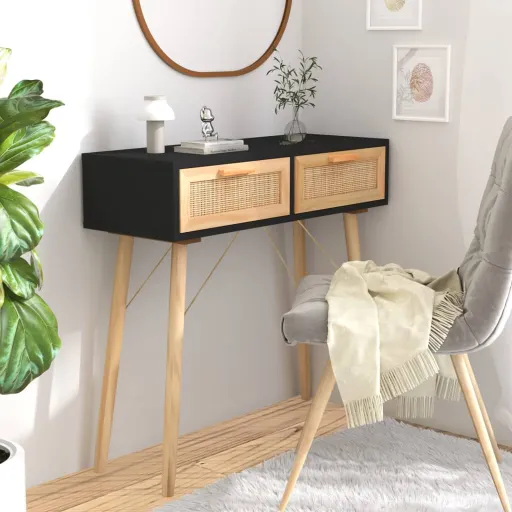 Mesa Consola Madera Pino Maciza Ratán Natural Negro 80x30x75 cm