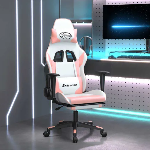 Silla Gaming Masaje y Reposapiés Cuero Sintético Blanco y Rosa