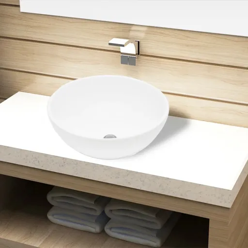 Lavabo de Cuarto de Baño Redondo Cerámica Blanco