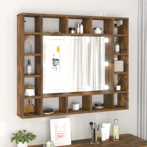 Mueble Con Espejo y LED Color Roble Ahumado 91x15x76,5 cm
