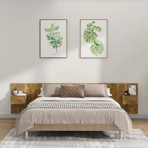 Cabecero de Cama y Mesitas Madera Contrachapada Roble Ahumado