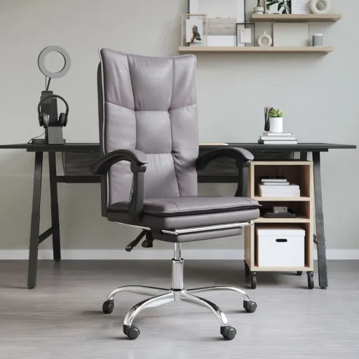 Silla de Oficina Reclinable Cuero Sintético Gris
