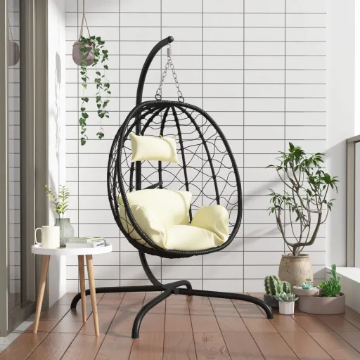 Sillón Colgante Con Forma de Huevo y Cojín de Ratán Sintético y Acero Color Blanco Crema
