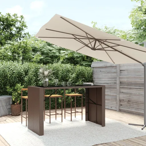 Mesa Alta Bar Superficie Vidrio Ratán PE Marrón 185x80x110 cm