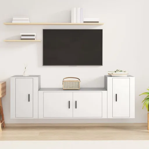 Set de Muebles de TV 3 Piezas Madera Contrachapada Blanco