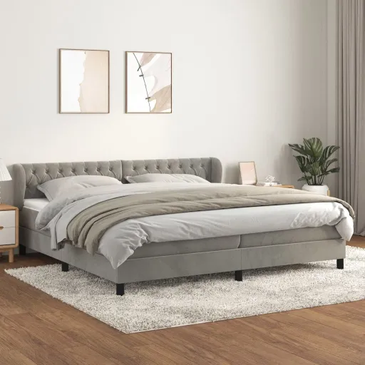 Cama Box Spring Con Colchón Terciopelo Gris Claro 200x200 cm
