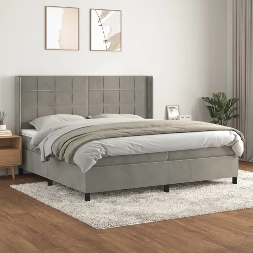 Cama Box Spring Con Colchón Terciopelo Gris Claro 200x200 cm