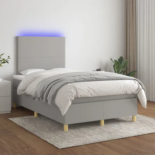Cama Box Spring Con Colchón Tela y LED Gris Claro 120x200 cm