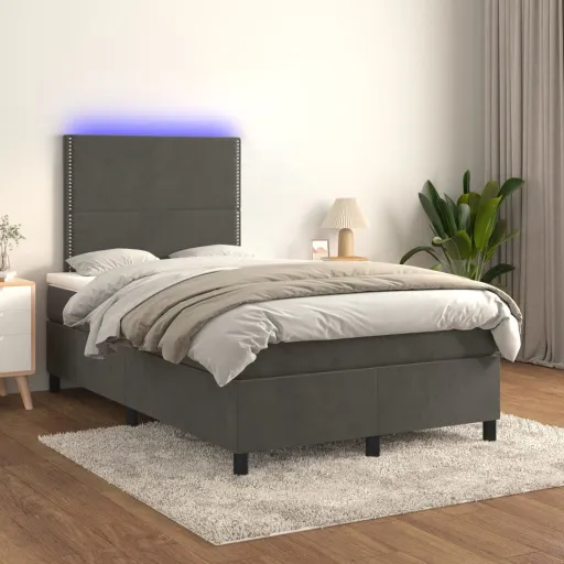 Cama Box Spring Colchón y LED Terciopelo Gris Oscuro 120x200 cm