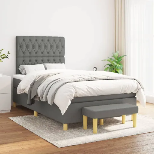 Cama Box Spring Con Colchón Tela Gris Oscuro 120x200 cm