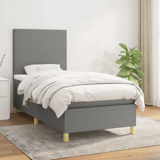 Cama Box Spring Con Colchón Tela Gris Oscuro 100x200 cm