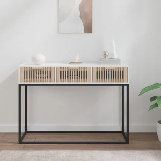 Mesa Consola Hierro y Madera Contrachapada Blanco 105x30x75 cm