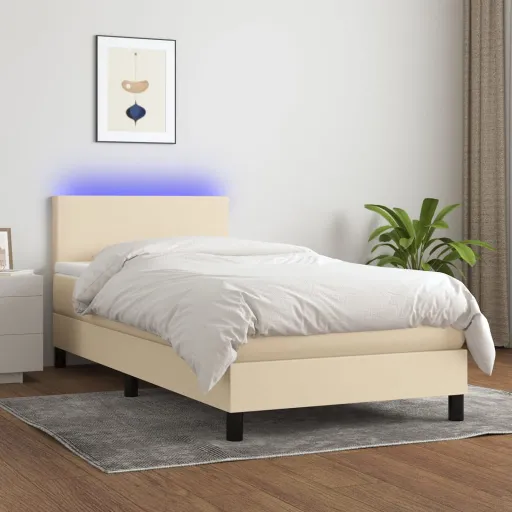 Cama Box Spring Con Colchón y LED Tela Crema 80x200 cm