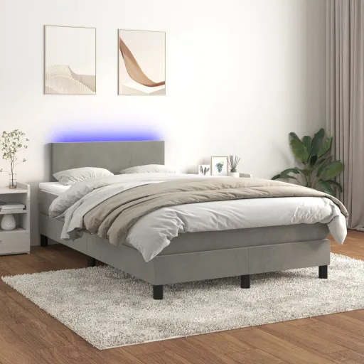 Cama Box Spring Colchón y LED Terciopelo Gris Claro 120x200 cm