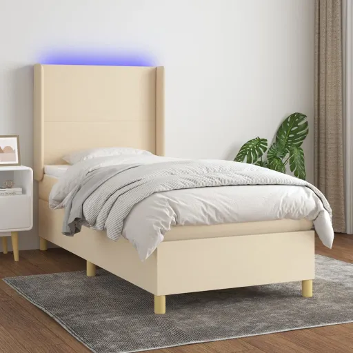Cama Box Spring Colchón y Luces LED Tela Crema 90x200 cm