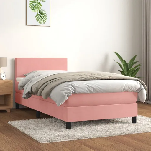 Cama Box Spring Con Colchón Terciopelo Rosa 90x190 cm
