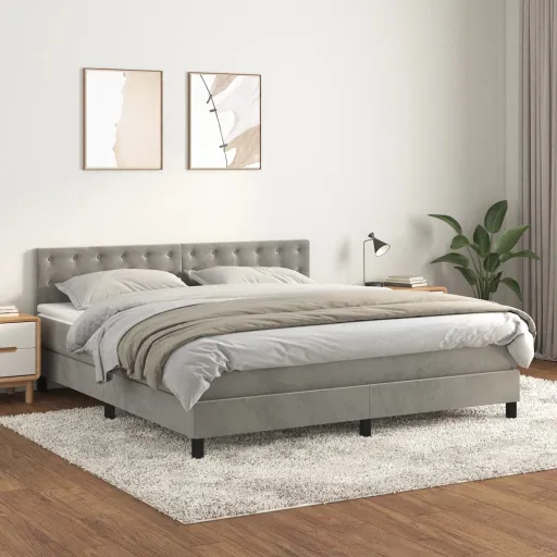 Cama Box Spring Con Colchón Terciopelo Gris Claro 180x200 cm