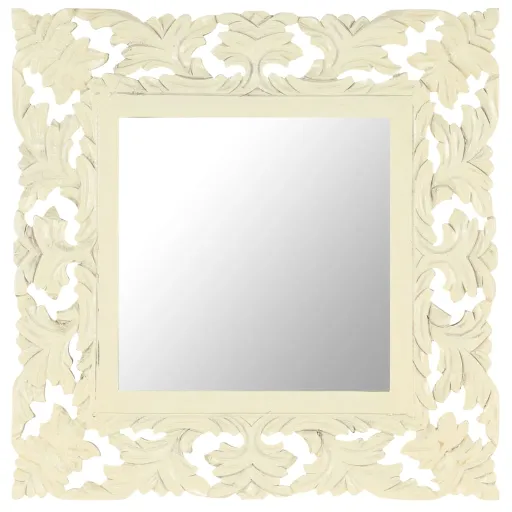 Espejo Tallado a Mano Madera Maciza de Mango Blanco 50x50 cm