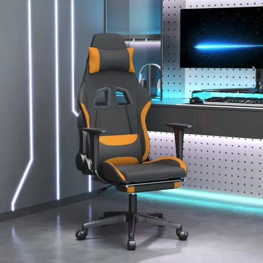 Silla Gaming Con Reposapiés Tela Negro y Naranja