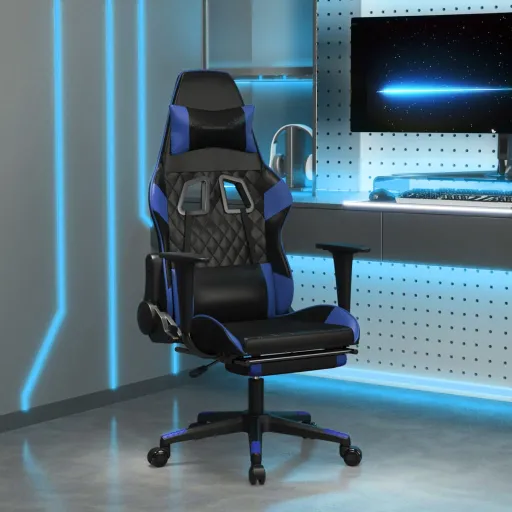 Silla Gaming Con Reposapiés Cuero Sintético Negro Azul