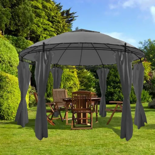 Cenador Con Cortinas Redondo Gris Antracita 3,5x2,7 m