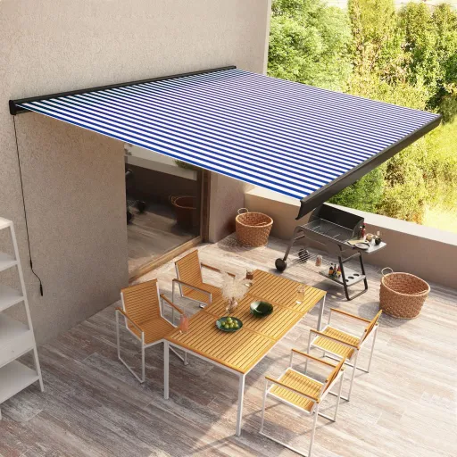 Toldo de Carrete Manual Azul y Blanco 450x300 cm