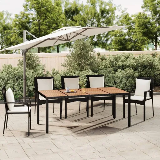 Mesa de Jardín Ratán PE Negro y Superficie Madera Maciza Acacia