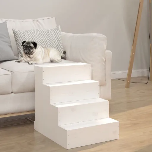 Escalera Para Mascotas Madera Maciza de Pino Blanco 40x49x47 cm