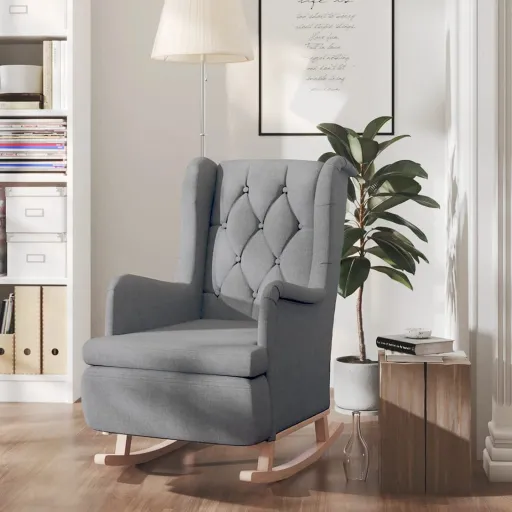 Sillón Con Patas Mecedoras Madera Maciza Caucho Tela Gris Claro